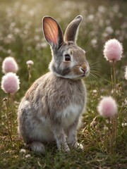 Fototapeta premium Serene Meadow: Rabbit Among Pink Blooms