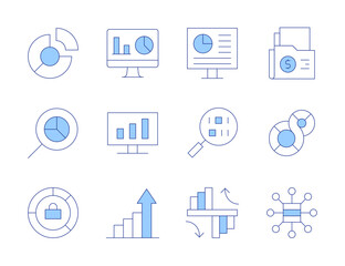 Analytics icons. Line Duotone style, editable stroke. search, dashboard, comparison, pie chart, analytics, document, data analytics, business intelligence, infographic