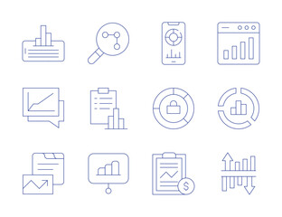 Analytics icons. Thin Line style, editable stroke. analytics, bar chart, chart, data analytics, donut chart, levels, phone, pie chart