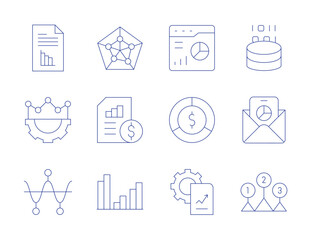 Analytics icons. Thin Line style, editable stroke. analytics, bars chart, chart, data analytics, email, levels, pie chart