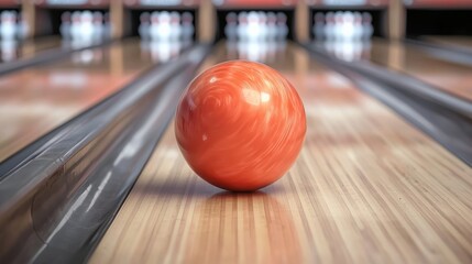 Bowling action with bright orange ball indoor alley sports photography dynamic environment close-up perspective