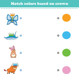 Match the color of the animal's crown. Educational game for color recognition