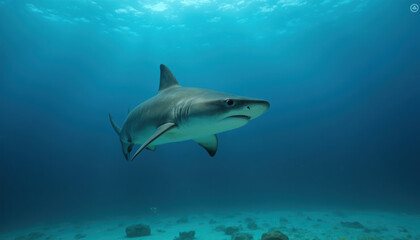 Hammerhead shark in open water, focus on head and body, swimming calmly through serene ocean background