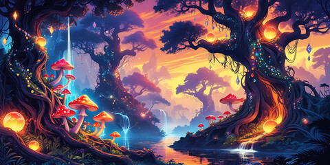 Fototapeta premium Exotic Forest with Strange and Beautiful mushroom. created by generative ai