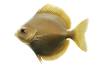 Tropical fish Flatfish featuring intricate spotted gold scales, detailed texture, isolated on white transparent background. Concept of aquatic beauty and marine life