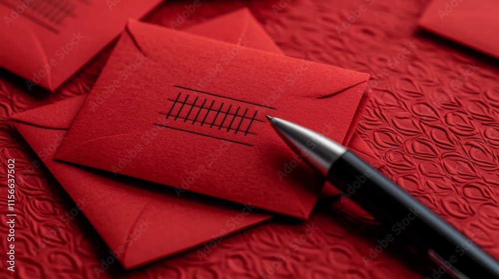 Poster minimalist red envelope stack with balanced shadowing and clean text zone rendered in a clean and mo