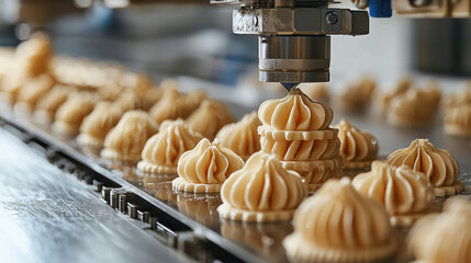 Creating custom desserts with 3D food printer in high tech kitchen, showcasing intricate designs and precision in dessert production