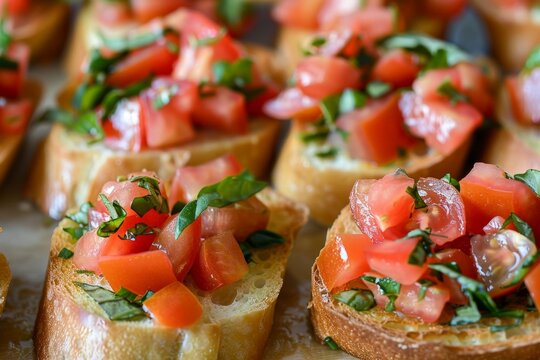 Close-up of Caprese Bruschetta with Basil and Tomatoes