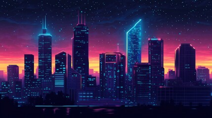 Obraz premium Neon-lit cityscape at sunset, futuristic skyscrapers, starry night.