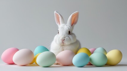 Fototapeta premium there is a white rabbit sitting among a pile of colored eggs
