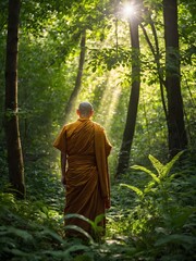 Naklejka premium Silent Faith: Monk Standing in a Sunlit Forest