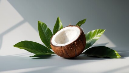 Coconut Fruit with Green Leaves on Gray Background