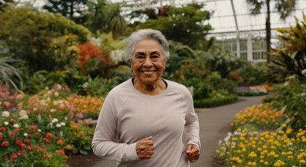 Elderly hispanic woman jogging in botanical garden for healthy lifestyle inspiration