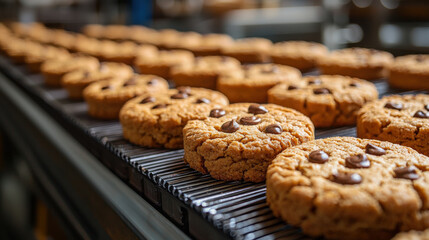 Freshly baked protein enriched cookies cooling on rack, showcasing their golden brown color and cho te chips. Perfect for healthy snack or dessert option