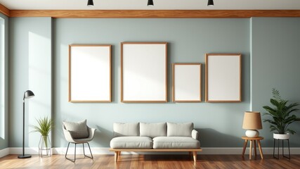 Modern living room interior design with empty frames and neutral color palette