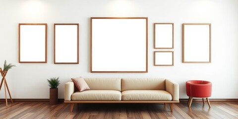 Modern living room interior design with beige couch and empty wooden picture frames on a white wall