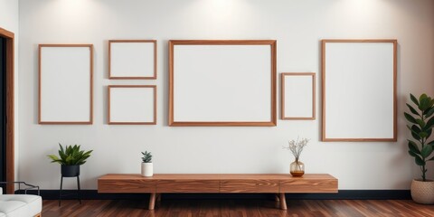 Fototapeta premium Modern Minimalist Gallery Wall with Wooden Frames and Console Table