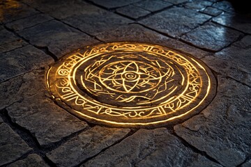 A circular alchemy transmutation circle inscribed with intricate symbols, glowing faintly on a stone floor