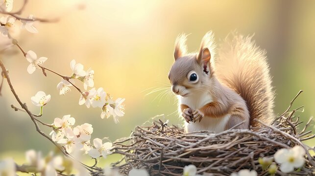 A cute squirrel sits in a nest surrounded by delicate flowers, basking in soft sunlight, creating a serene and enchanting scene.