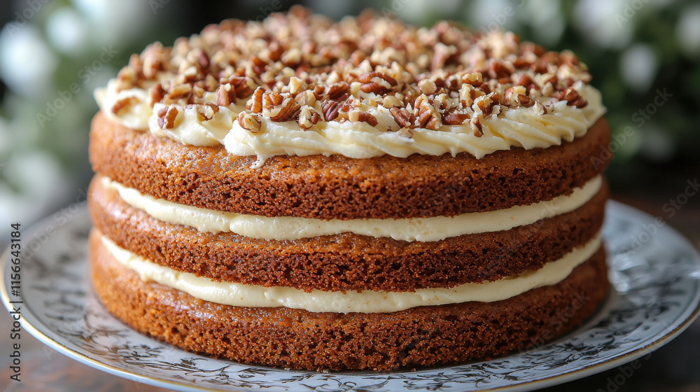 Poster close up of classic carrot cake layered with cream cheese frosting and topped with chopped nuts, showcasing its delicious texture and inviting appearance