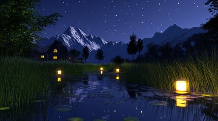 Fototapeta premium Serene Mountain View Under Starry Night Sky