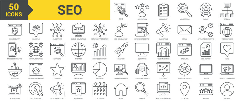 SEO icon collection set. Containing reputation, checklist, SEO monitoring, badge, sitemap, web security, mobile marketing, PageRank, advertising icon. Simple line vector