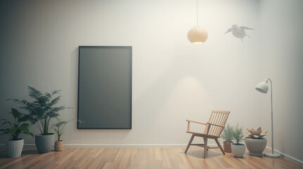 Modern Minimalist Interior with blank poster frame for wall art mock-up, and soft natural lighting