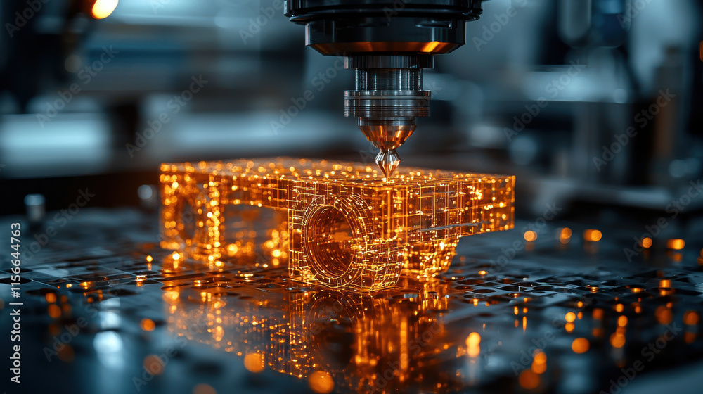Fototapete close up of precision engineering tool in action, showcasing intricate details and glowing elements. scene captures essence of modern manufacturing technology