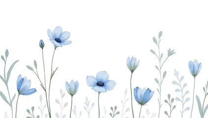 Delicate Blue Wildflowers Seamless Pattern on White Background - Minimalist Floral Design