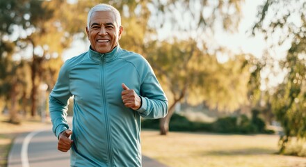 Mature hispanic male jogging in park for healthy lifestyle and fitness inspiration