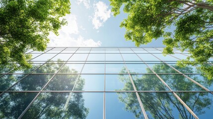 Modern glass office building with big trees around to reduce heat and carbon dioxide. Eco-friendly building and CO2 reduction corporate building. Sustainability concept