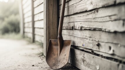 there is a wooden wall with a shovel on it