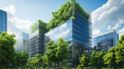 Fototapeta premium Modern glass office building with big trees around to reduce heat and carbon dioxide. Eco-friendly building and CO2 reduction corporate building. Sustainability concept