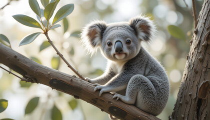 Obraz premium Adorable koala sitting on eucalyptus tree branch.