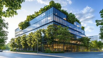 Obraz premium Modern glass office building with big trees around to reduce heat and carbon dioxide. Eco-friendly building and CO2 reduction corporate building. Sustainability concept