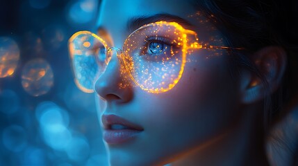 Woman Wearing Glasses Illuminated By Sparkling Lights