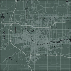 Map of South Bend in Indiana in a smooth dark style. Contains layered vector with roads water, parks, etc.