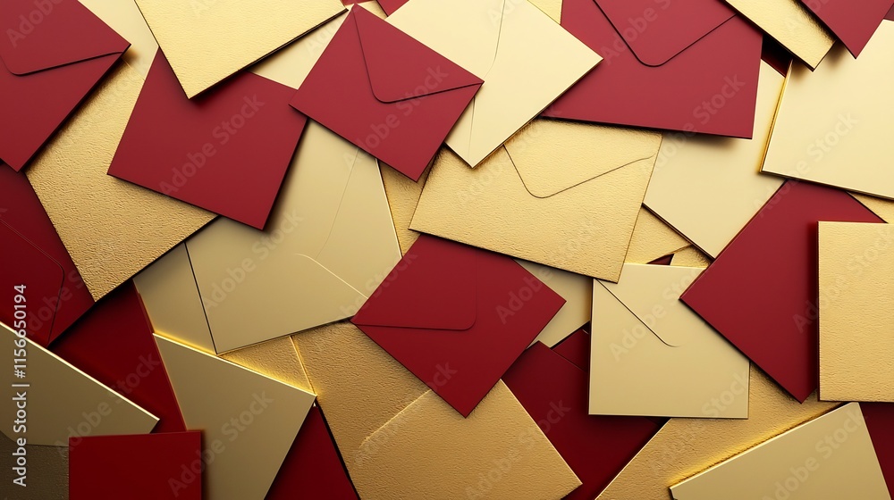 Poster luxurious gold and red envelopes arranged in abstract symmetrical patterns with a spacious text zone