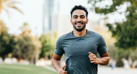 Young hispanic male running outdoors for fitness and wellness in urban park setting