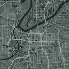 Map of Kansas City Center in Kansas in a smooth dark style. Contains layered vector with roads water, parks, etc.