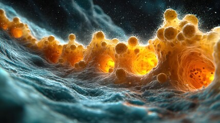 Abstract 3D render of glowing orange and teal organic forms, resembling a microscopic landscape or cellular structure.