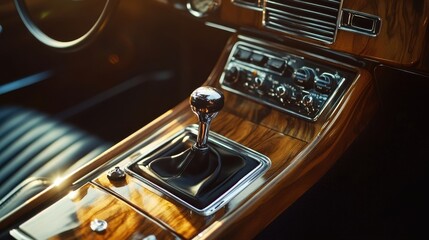 Obraz premium Vintage Car Interior Luxury Wooden Dashboard Gearshift Closeup Detail