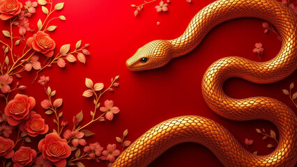 Obraz premium Ornate Golden Snake on Luxurious Red Floral Background, Elegance and Intricacy, Chinese New Year 2025