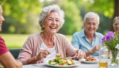 Older adults on wellness retreat Senior woman laughing while enjoying a meal outdoors.