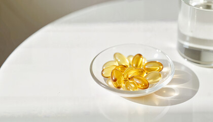 Nutritional supplements for aging Copy space Yellow fish oil capsules in glass dish on white table