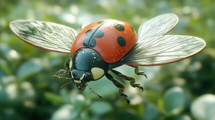 Close-up of a ladybug in flight, wings spread, against a blurred green background.