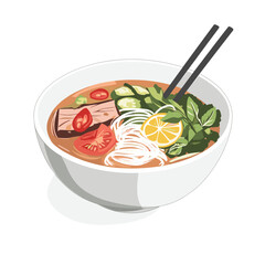 Vietnamese Pho Bowl with Fresh Herbs and Lime Illustration