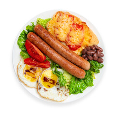 Breakfast: sausages, eggs, cheese, tomatoes, on a white background, isolated. Top view.