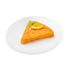 A piece of carrot cake, on a white background, isolated. 