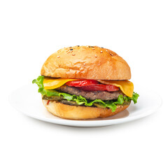 Burger, hamburger with meat cutlet, tomato and cheese, on white background, isolated. 